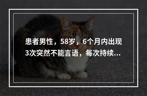 患者男性，58岁，6个月内出现3次突然不能言语，每次持续20