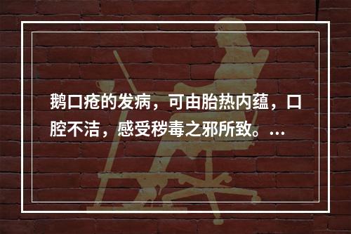 鹅口疮的发病，可由胎热内蕴，口腔不洁，感受秽毒之邪所致。其主