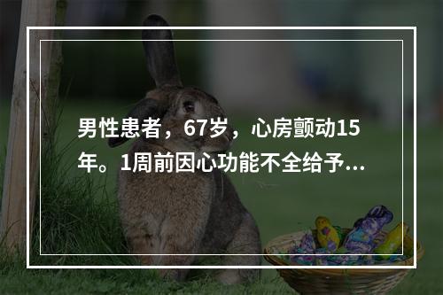 男性患者，67岁，心房颤动15年。1周前因心功能不全给予地