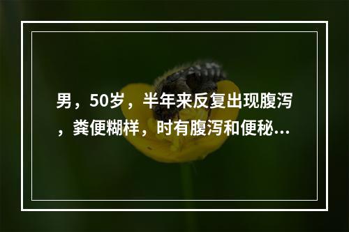 男，50岁，半年来反复出现腹泻，粪便糊样，时有腹泻和便秘交