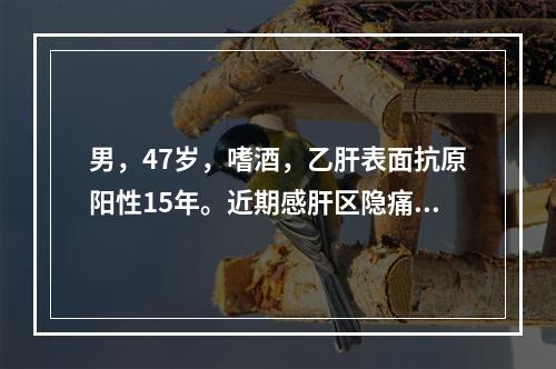 男，47岁，嗜酒，乙肝表面抗原阳性15年。近期感肝区隐痛，