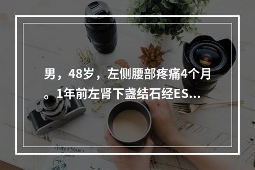 男，48岁，左侧腰部疼痛4个月。1年前左肾下盏结石经ESW