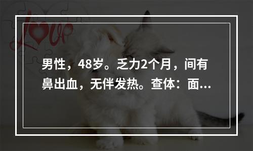 男性，48岁。乏力2个月，间有鼻出血，无伴发热。查体：面色