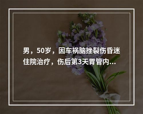 男，50岁，因车祸脑挫裂伤昏迷住院治疗，伤后第3天胃管内吸