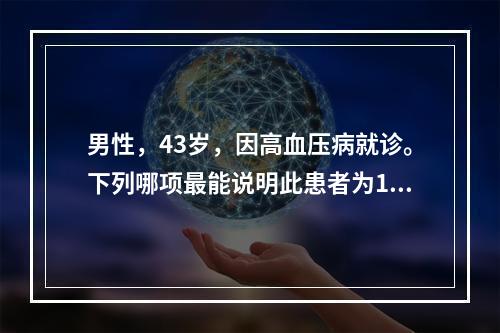 男性，43岁，因高血压病就诊。下列哪项最能说明此患者为1级