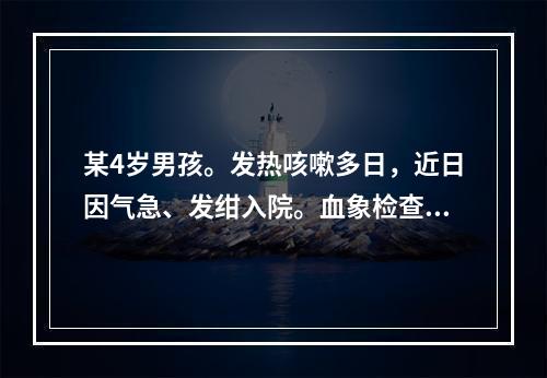 某4岁男孩。发热咳嗽多日，近日因气急、发绀入院。血象检查：