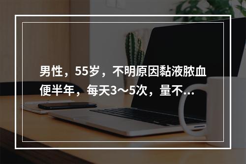 男性，55岁，不明原因黏液脓血便半年，每天3～5次，量不多