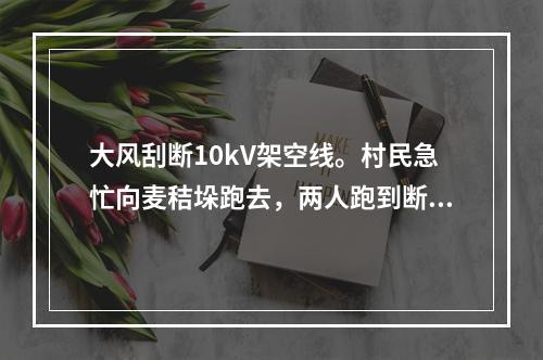 大风刮断10kV架空线。村民急忙向麦秸垛跑去，两人跑到断落导