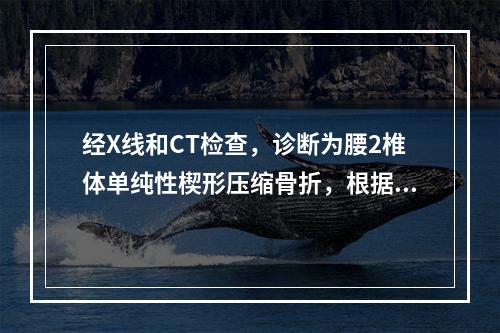 经X线和CT检查，诊断为腰2椎体单纯性楔形压缩骨折，根据De