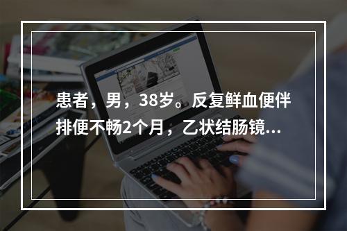 患者，男，38岁。反复鲜血便伴排便不畅2个月，乙状结肠镜见距