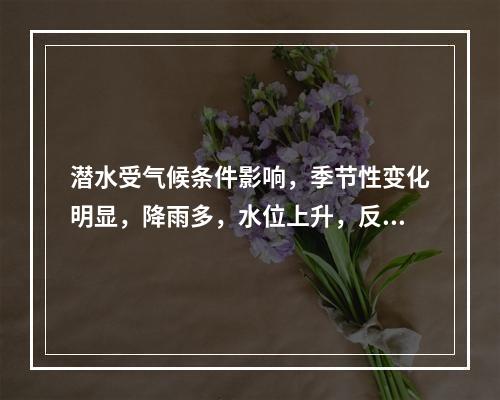 潜水受气候条件影响，季节性变化明显，降雨多，水位上升，反之，