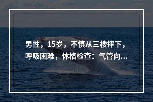 男性，15岁，不慎从三楼摔下，呼吸困难，体格检查：气管向左偏