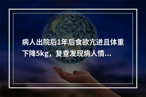 病人出院后1年后食欲亢进且体重下降5kg，复查发现病人情绪激