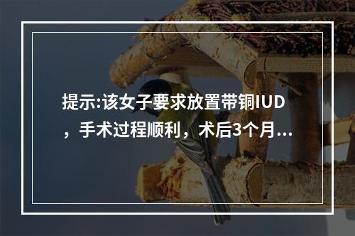 提示:该女子要求放置带铜IUD，手术过程顺利，术后3个月患者