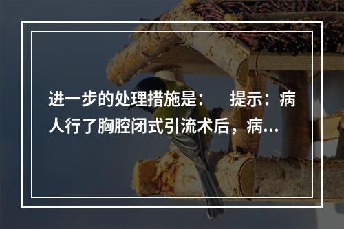 进一步的处理措施是：　提示：病人行了胸腔闭式引流术后，病情仍