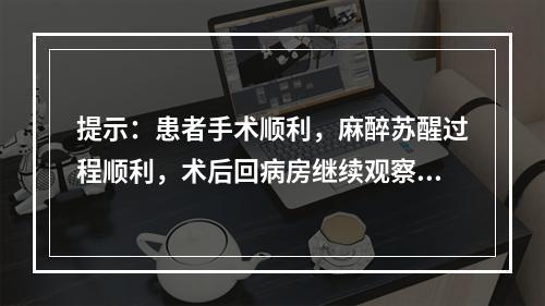 提示：患者手术顺利，麻醉苏醒过程顺利，术后回病房继续观察治疗