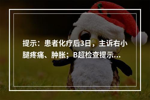 提示：患者化疗后3日，主诉右小腿疼痛、肿胀；B超检查提示：右