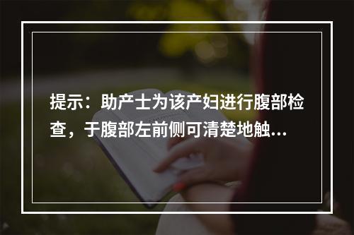 提示：助产士为该产妇进行腹部检查，于腹部左前侧可清楚地触及胎