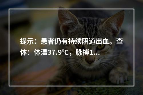 提示：患者仍有持续阴道出血。查体：体温37.9℃，脉搏135