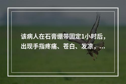 该病人在石膏绷带固定1小时后，出现手指疼痛、苍白、发凉，桡动