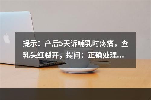 提示：产后5天诉哺乳时疼痛，查乳头红裂开，提问：正确处理措施