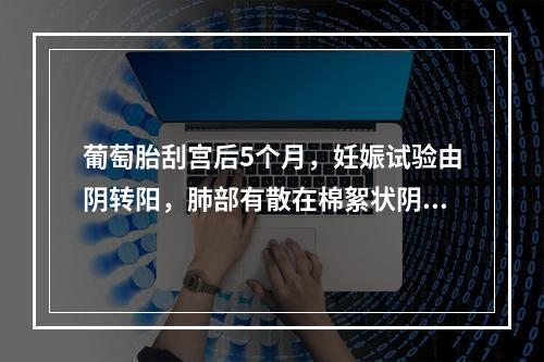 葡萄胎刮宫后5个月，妊娠试验由阴转阳，肺部有散在棉絮状阴影。