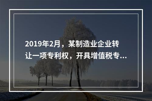 2019年2月，某制造业企业转让一项专利权，开具增值税专用发