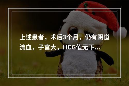 上述患者，术后3个月，仍有阴道流血，子宫大，HCG值无下降，