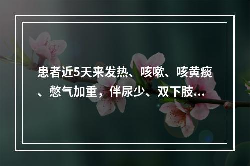 患者近5天来发热、咳嗽、咳黄痰、憋气加重，伴尿少、双下肢水肿