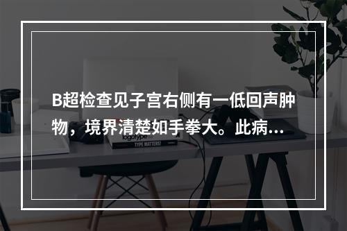 B超检查见子宫右侧有一低回声肿物，境界清楚如手拳大。此病例最