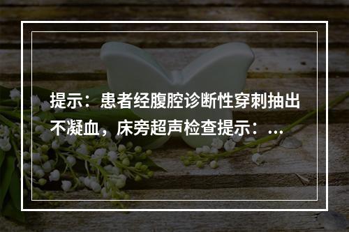 提示：患者经腹腔诊断性穿刺抽出不凝血，床旁超声检查提示：肝脾