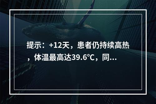 提示：+12天，患者仍持续高热，体温最高达39.6℃，同时在