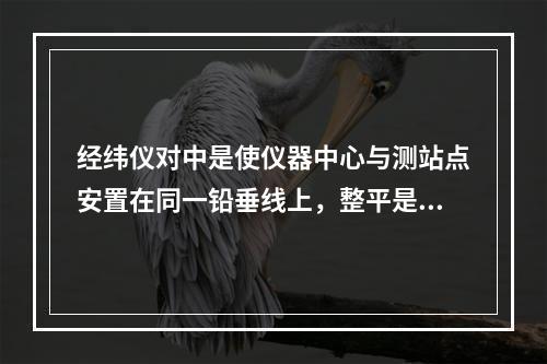 经纬仪对中是使仪器中心与测站点安置在同一铅垂线上，整平是使仪