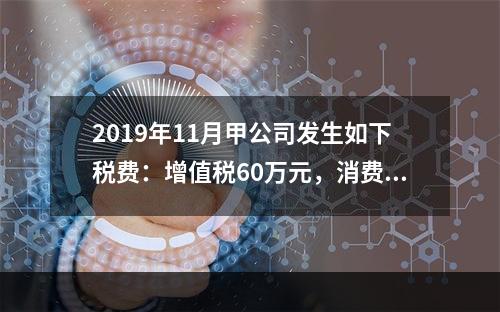 2019年11月甲公司发生如下税费：增值税60万元，消费税8