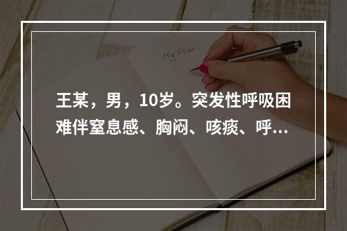 王某，男，10岁。突发性呼吸困难伴窒息感、胸闷、咳痰、呼吸3