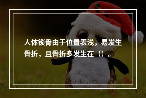 人体锁骨由于位置表浅，易发生骨折，且骨折多发生在（）。