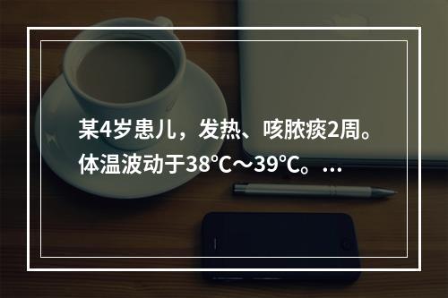 某4岁患儿，发热、咳脓痰2周。体温波动于38℃～39℃。X线