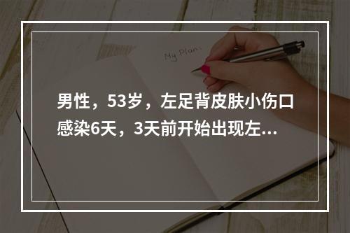 男性，53岁，左足背皮肤小伤口感染6天，3天前开始出现左小腿