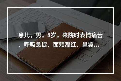 患儿，男，8岁，来院时表情痛苦、呼吸急促、面颊潮红、鼻翼煽动