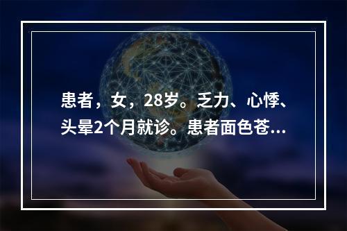 患者，女，28岁。乏力、心悸、头晕2个月就诊。患者面色苍白，