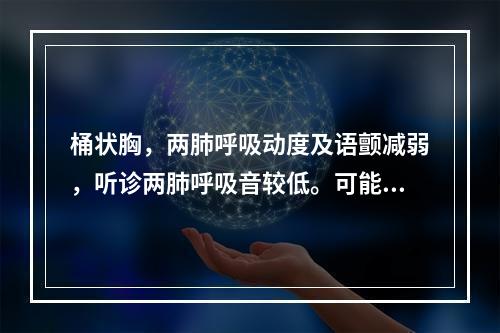 桶状胸，两肺呼吸动度及语颤减弱，听诊两肺呼吸音较低。可能的疾