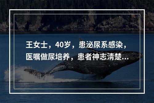 王女士，40岁，患泌尿系感染，医嘱做尿培养，患者神志淸楚.一