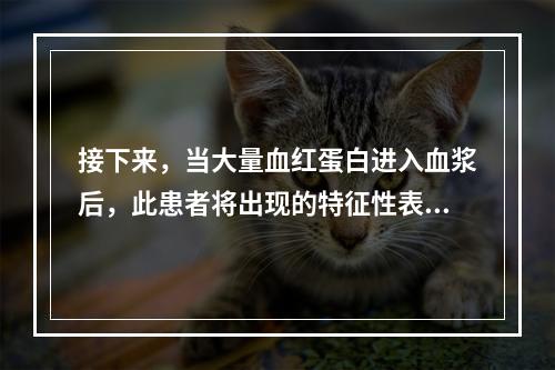 接下来，当大量血红蛋白进入血浆后，此患者将出现的特征性表现是