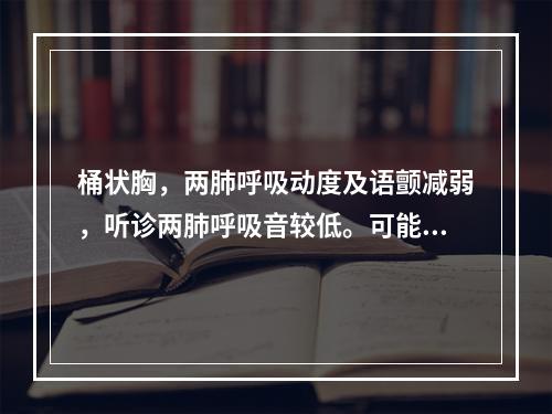 桶状胸，两肺呼吸动度及语颤减弱，听诊两肺呼吸音较低。可能的疾