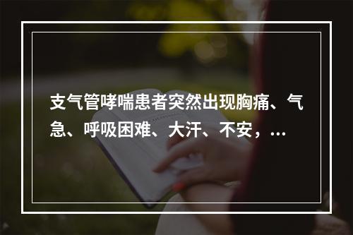 支气管哮喘患者突然出现胸痛、气急、呼吸困难、大汗、不安，应考