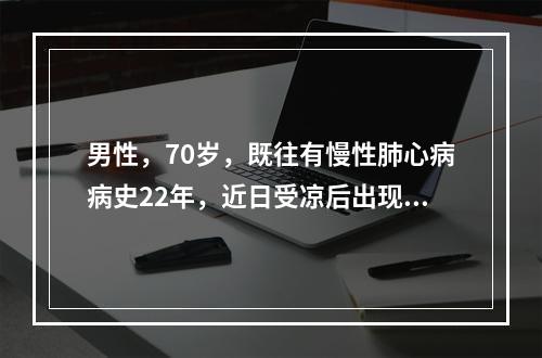 男性，70岁，既往有慢性肺心病病史22年，近日受凉后出现端坐