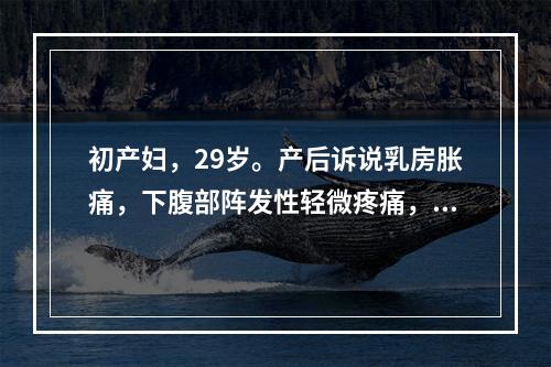 初产妇，29岁。产后诉说乳房胀痛，下腹部阵发性轻微疼痛，查乳