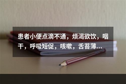 患者小便点滴不通，烦渴欲饮，咽干，呼吸短促，咳嗽，舌苔薄黄