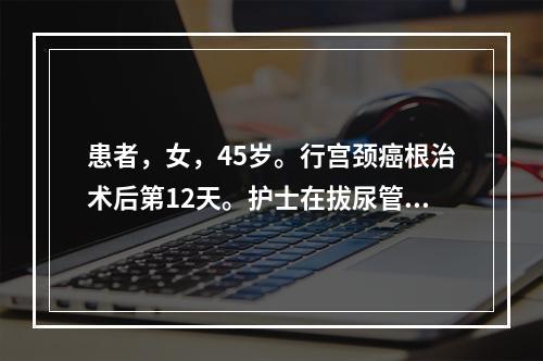 患者，女，45岁。行宫颈癌根治术后第12天。护士在拔尿管前开