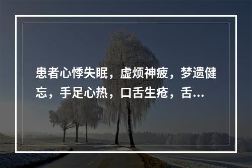 患者心悸失眠，虚烦神疲，梦遗健忘，手足心热，口舌生疮，舌红